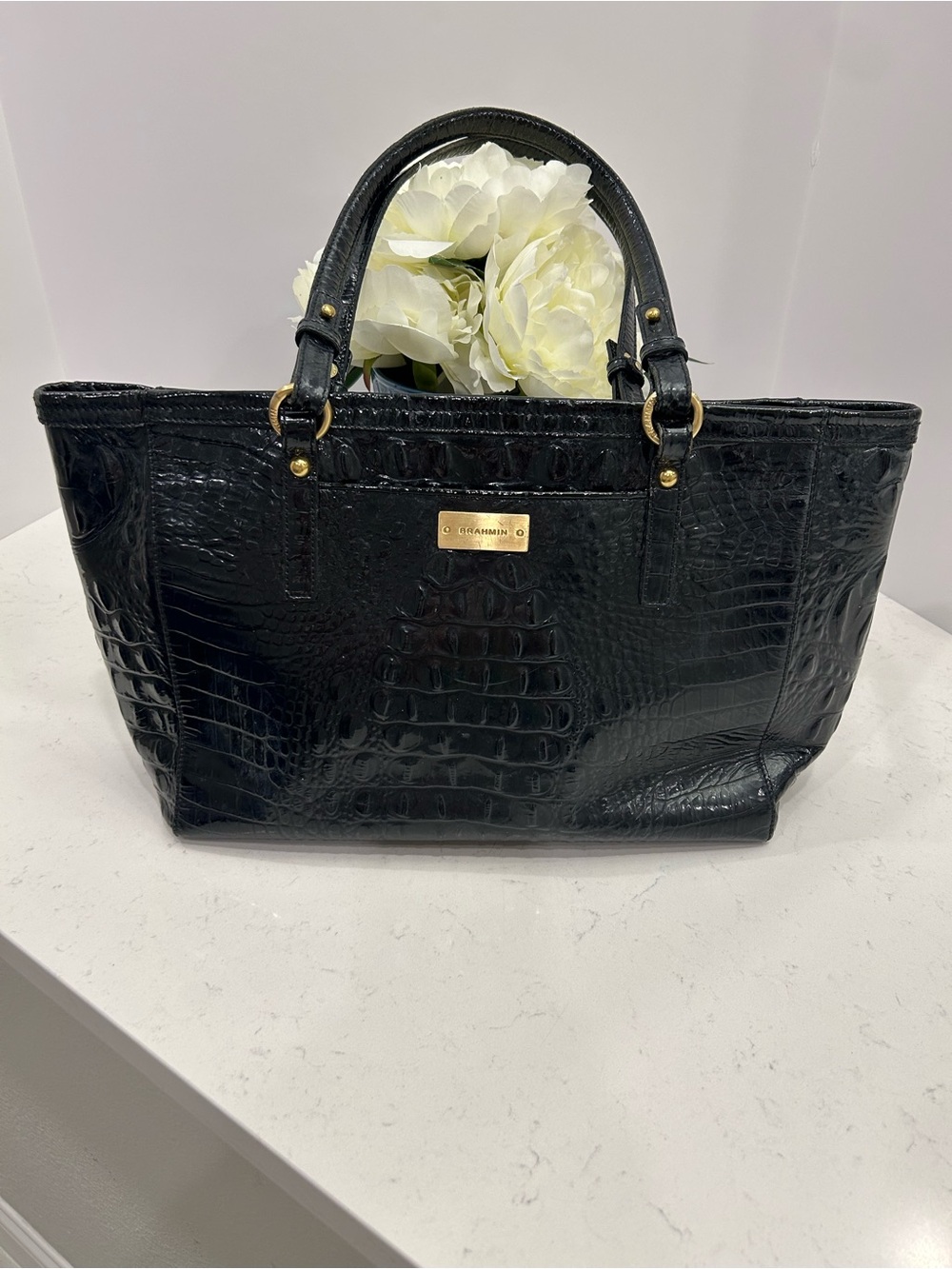 Brahmin Medium Asher in Black Melbourne Tote with Gold Hardware - Well Loved!